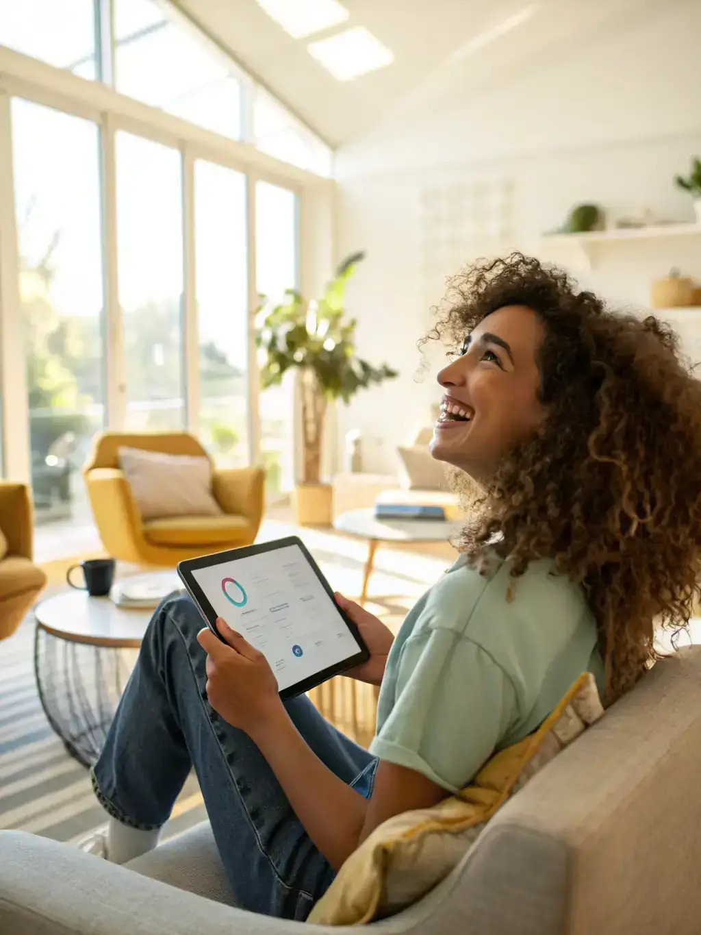 A smiling customer interacting with a friendly AI assistant on a tablet, representing improved customer satisfaction through efficient and professional call handling.