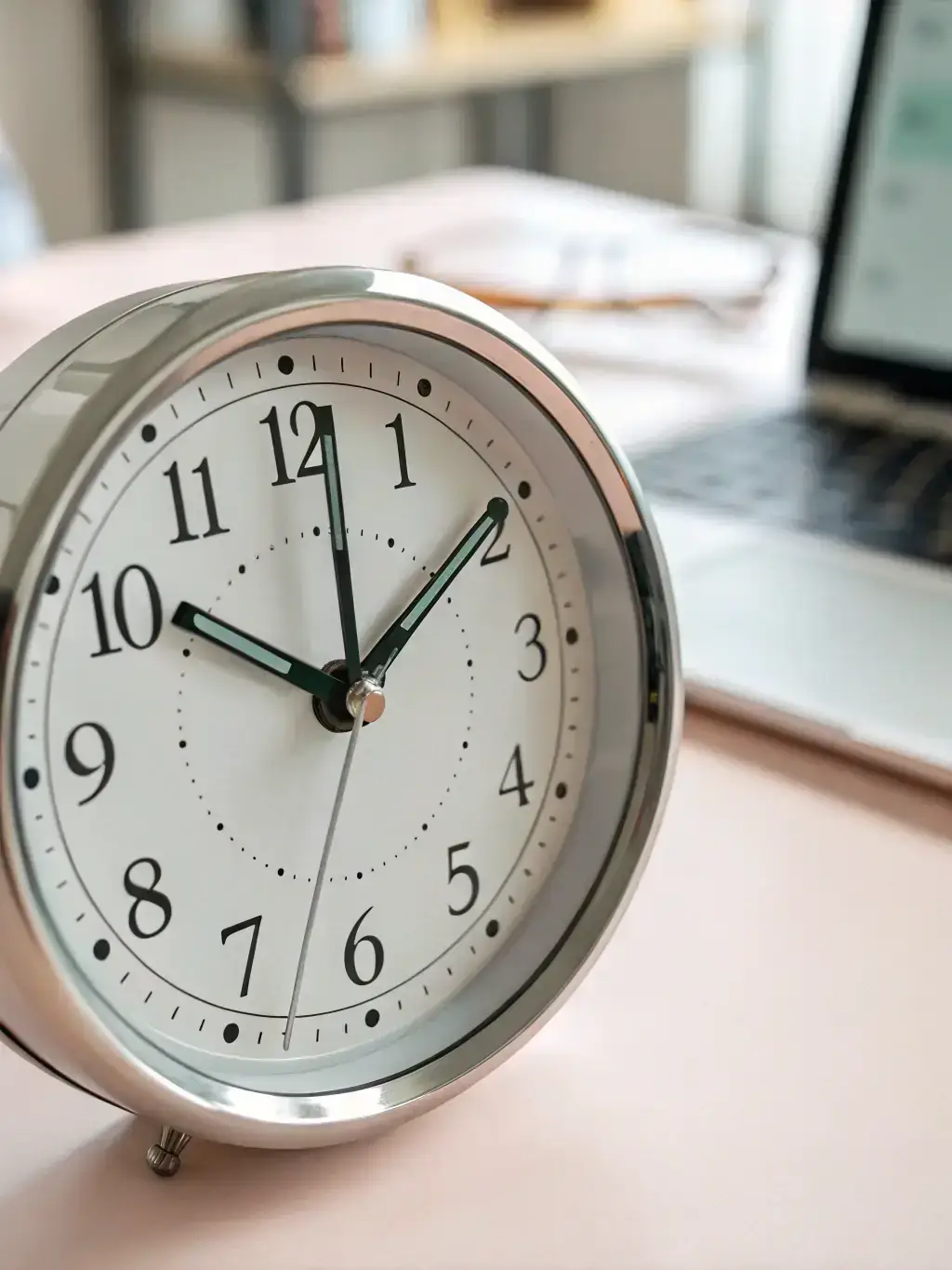 A close-up shot of a digital clock displaying 24:00, symbolizing 24/7 availability of StaffLess AI services, set against a blurred background of a busy office.